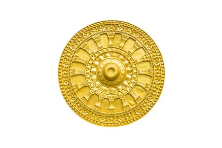 Golden Thammachak wheel was symbol of Buddhism isolate on white background