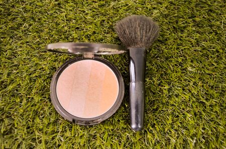 Cosmetic and make-up tool on greenground.の写真素材