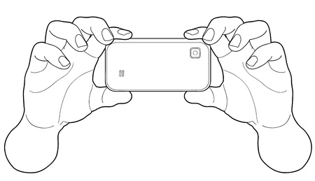 A man is holding a black cameraphone shot over white backgroundのイラスト素材