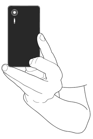 A man is holding a black cameraphone shot over white backgroundのイラスト素材