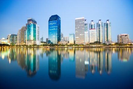 Bangkok city downtown at night with reflection of skyline, Bangkok,Thailandのeditorial素材
