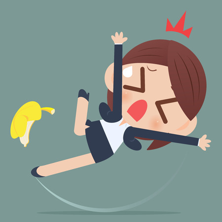 Business woman slipping and falling from a banana peelのイラスト素材