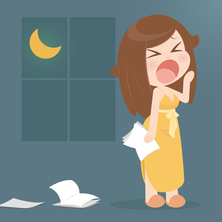 Illustration featuring a woman in nightgown letting out a big yawnのイラスト素材