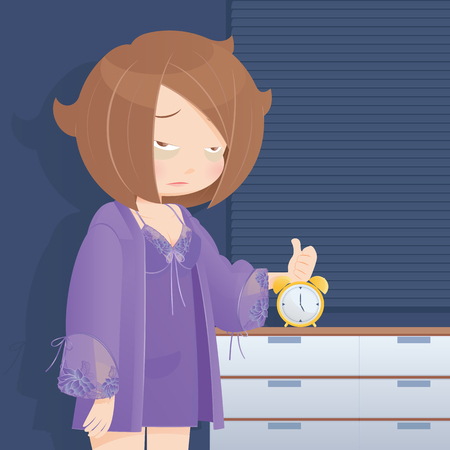 Drowsy girl waking up in the morning, Cartoon illustrationのイラスト素材