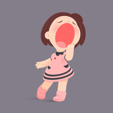 Cartoon Girl Yawning Against Gray Background, Sleepy, Vector illustration, Concept With Sleep And Relaxing.のイラスト素材