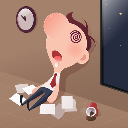 Cartoon businessman tired sleep in the office, Sleep deprivation and overtime working concept.のイラスト素材