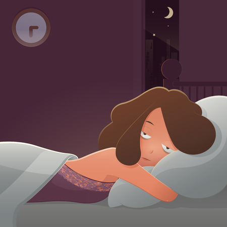 Cartoon depressed man suffering from insomnia lying in bed. Sleepless people in nightwear sick blanket person bedding awake with dark tired sadness face, Cartoon vector and illustrationのイラスト素材