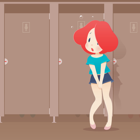 illustration woman with urine urgency problem in public toilet. Girl with hands holding her crotch. Strong urge to urinate, Closed bathroom, Cartoon-vector, EPS10のイラスト素材