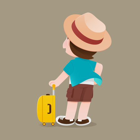 Illustration tourist man in blue shirt and hat stand back side with his yellow luggage, Happy people tourist holding baggage, Concept with vector designのイラスト素材