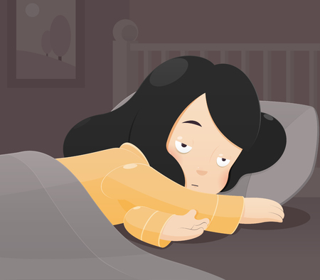 Cartoon depressed woman suffering from insomnia lying in bed. Sleepless people in nightwear sick blanket person bedding awake with dark tired sadness face, Cartoon vector and illustrationのイラスト素材