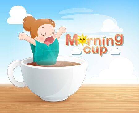Yawning woman in a cup of black coffee, Good morning coffee cup, Concept with digital art drawing vector illustration about caffeine addiction men who bathe his love black coffee.のイラスト素材
