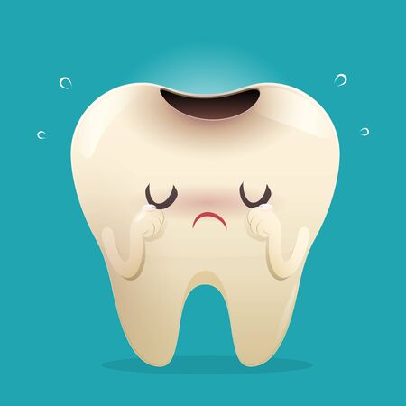 illustration tooth Feel bad. dental caries, toothache, Bad teeth, Limestone, Swollen gums. Diseased tooth and oral cavity. on blue background. Cartoon - Vectorのイラスト素材