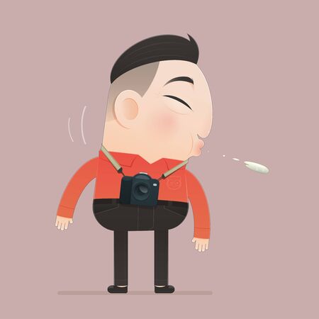 illustration Asian man spits on the floor, Flat character cartoon design.