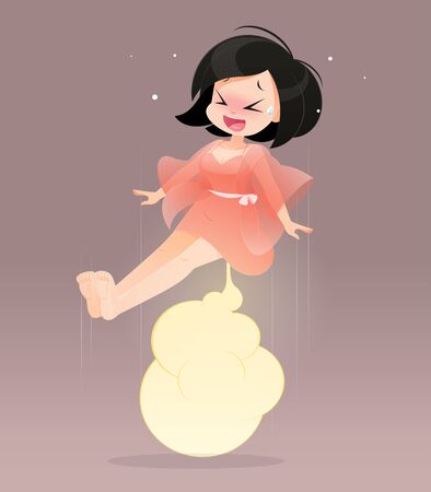Cute woman in pink nightgown farting with blank balloon out from her bottom against gray background, Vector,  Funny face cartoon, Illustrationのイラスト素材