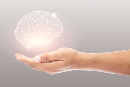 Man holding brain illustration against gray wall background. Concept with mental health protection and care.の写真素材