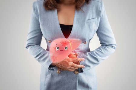 Illustration sick liver on woman's body against gray background, Hepatitis, Concept with healthcare and medicineの写真素材