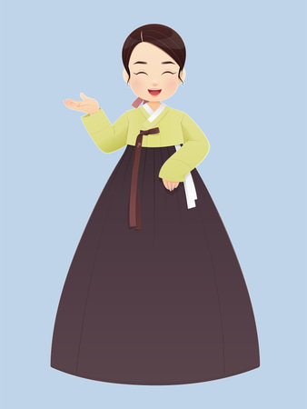 Hanbok girl korean traditional dress. Asian woman in hanbok. Vector illustration.のイラスト素材