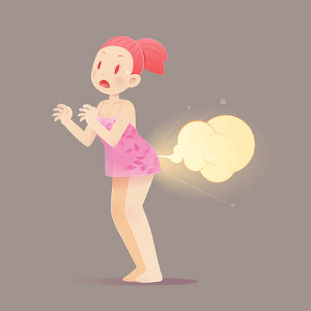 Cartoon woman farting because of diarrhea at nightのイラスト素材