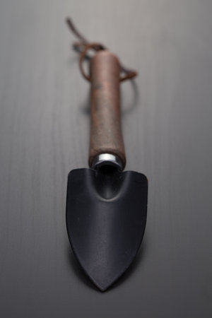A vertical photograph of a small black shovel with a wooden handle.の写真素材