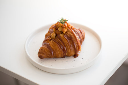 Croissant with caramel spread and macadamia nuts on a white ceramic plateの写真素材