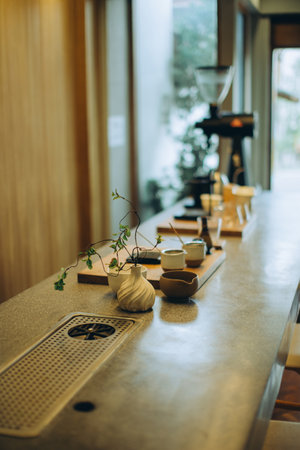 Elegant array of contemporary kitchen items paired with natureâs touch graces the counter; sunlight bathes the scene in tranquilityの写真素材