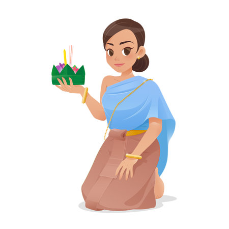 This illustration shows a woman in traditional Thai dress celebrating the Loy Kratong Festival, reflecting the beauty of Thai culture and tradition.のイラスト素材