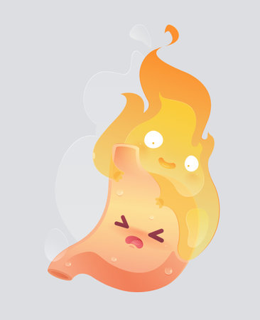 This vector illustration shows acid reflux (heartburn) with a cartoon stomach and fire character on a light gray background to highlight the burning sensation.のイラスト素材