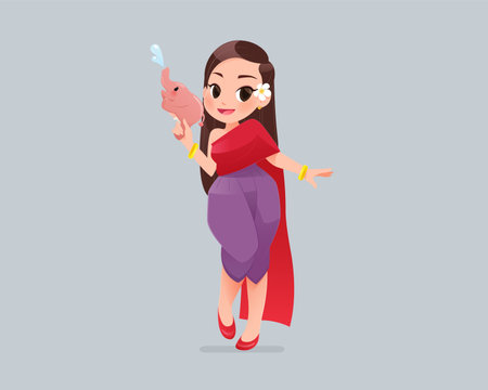 Happy songkran. Charming Thai woman in traditional outfit holding a cute elephant water gun, joyfully celebrating Songkran Festival Thailand famous water-splashing New Year tradition.のイラスト素材