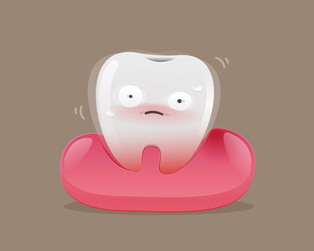 A diseased human tooth in the gum, illustrating a medico-dental concept of oral health. It shows a wobbly, falling, and unhealthy tooth in a flat style vector on a white background.のイラスト素材