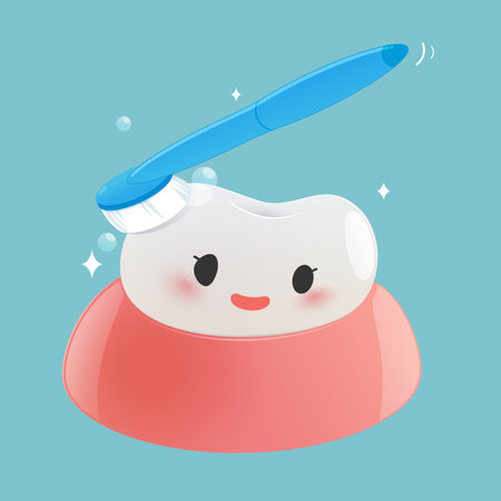 Cute cartoon tooth with a smile being brushed clean, showing happy and healthy brush teeth careのイラスト素材