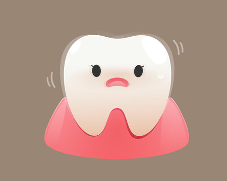 A diseased human tooth in the gum, illustrating a medico-dental concept of oral health. It shows a wobbly, falling, and unhealthy tooth in a flat style vector on a white background.のイラスト素材