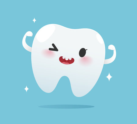 Clean teeth. Cute tooth character smiling with sparkle, symbolizing good dental health and hygiene. Strong teeth. Vector illustrationのイラスト素材