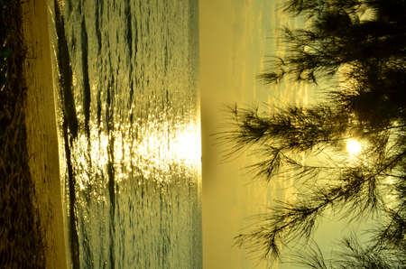 Beautiful sunset above the sea.Gold Sunset, sea and clouds. Beautiful golden orange sunset over the ocean. The sun sets turning the sky yellow, orange & red tones & reflects in the ocean.の写真素材