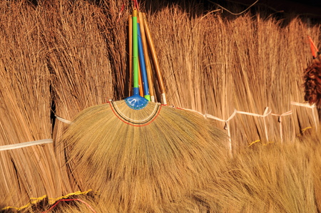 made baskets shop.There are many kind of basket that are made of bamboo.Basket wicker is Thai handmade.it is woven bamboo texture for background. Traditional Thai woven straw texture.の写真素材