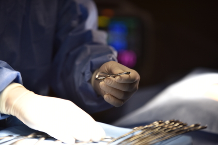 Surgical light in the operating room. Preparation for the beginning of surgical operation with a cut. Team surgeon at work in operating roomの写真素材
