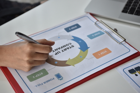 Team Meeting Brainstorming Planning Analysing Concept. Business man hand pointing to graph information in the office Collaboration and business exchanges, brain power, heart, dedicated team managementの写真素材