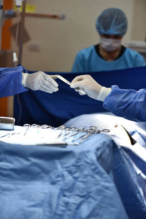 Team surgeon at work in operating room. Surgical light in the operating room. Preparation for the...