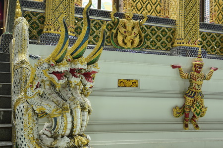 Temple was build in many years ago with unique Thai style architecture. Most of Thai temples are decorated by Thai pattern with gold color decoration.のeditorial素材