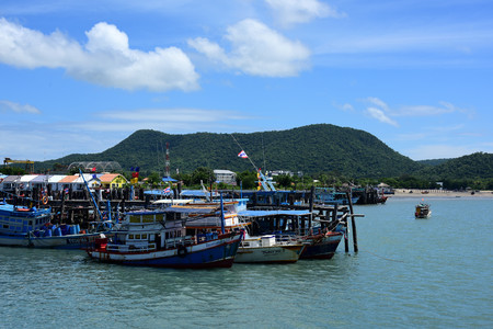 Sea view and small boat At the fishing pier and small fishing boat You can see the hotel building. Pattaya Beach and Jomtien Beach Thai life at Sattahip, Chonburi View on port of bangsare fishing pier with small fishing boatsのeditorial素材