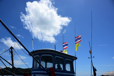 Sea view and small boat At the fishing pier and small fishing boat You can see the hotel building. Pattaya Beach and Jomtien Beach Thai life at Sattahip, Chonburi View on port of bangsare fishing pier with small fishing boatsのeditorial素材