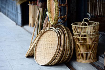 Bamboo wickerwork baskets on the thailand market place. Handmade from natural material. Rattan...