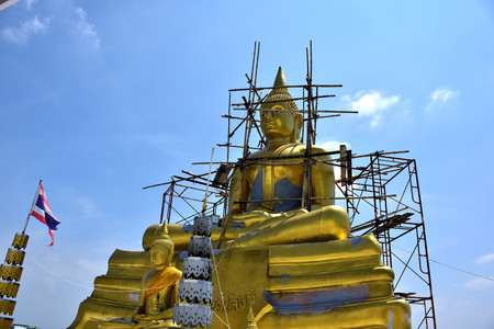 old golden buddhist temple in Bangkok, Thailand.shrine inside of a buddhist temple.A beautiful temple with clear sky in Thailand. Temple was built in many years ago with unique Thai style.の写真素材