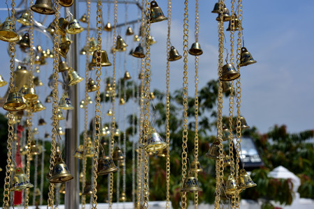 old golden buddhist temple in Bangkok, Thailand.shrine inside of a buddhist temple.A beautiful temple with clear sky in Thailand. Temple was built in many years ago with unique Thai style.の写真素材