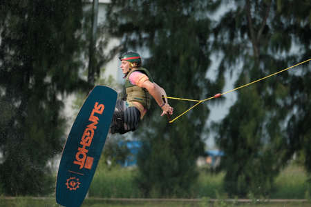 Young athlete Of Thailand is practicing sportWater Board at the wake park canal 6 on October 7, 2018.のeditorial素材