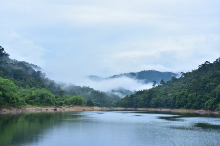 Mountain and lake with mist in the morning at Mae Hong Son, Thailand