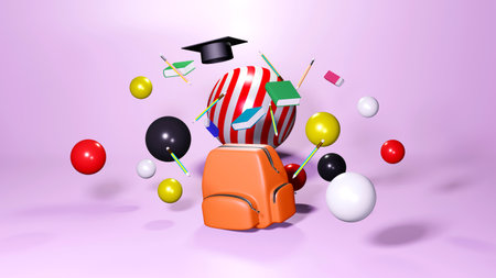 3D Rendering of School Supplies Floating out of a school bag amidst colorful balls and graduation...