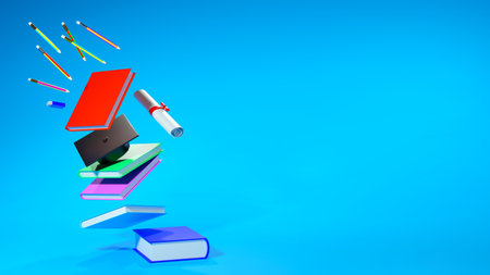 3D Rendering of colorful books, graduates hat and pencils on isolated blue background. There is a blank space for text. Education concept.の写真素材