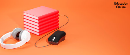 Digital Online Education. 3d render of book. Application learning on phone, mobile website...