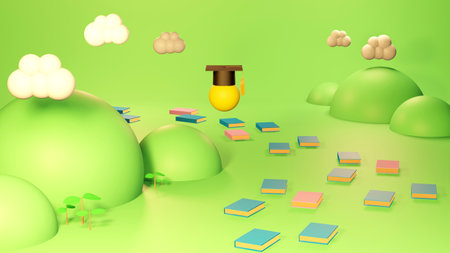 3D Rendering of Graduation Cap, Books and Colorful spheres of balls on green background. Realistic 3d shapes. Education concept. Come back to school.の写真素材
