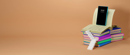 Digital Online Education. 3d render of mobile. Application learning on phone, mobile website background. 
social distance concept isolated on background. Classroom Online Education internet network.の写真素材